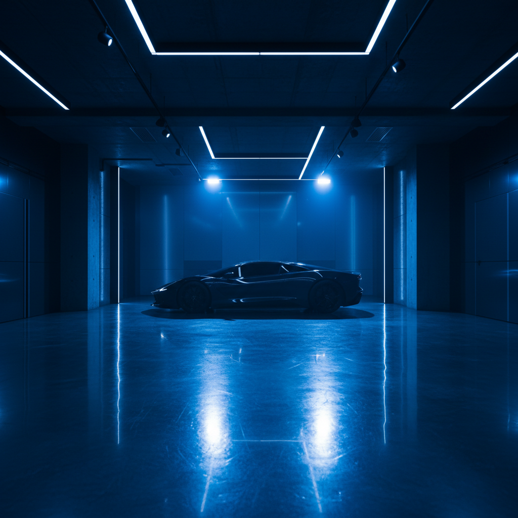 Cinematic garage with a premium epoxy floor